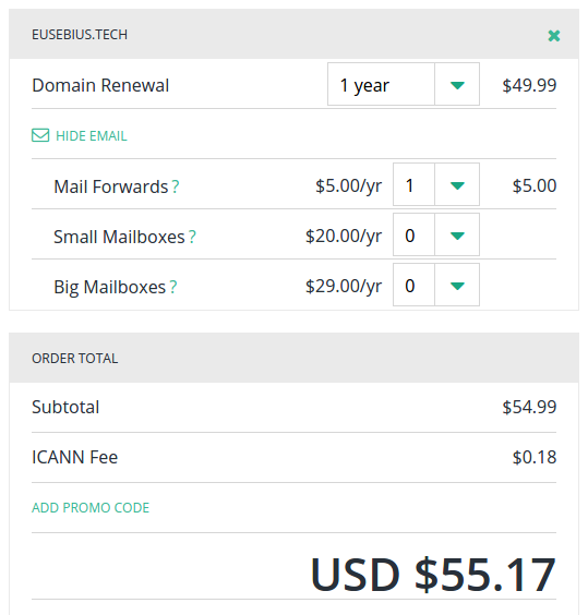 Domain renewal for eusebius.tech is $49.99 for 1 year. Mail forward option is chosen, which costs $5 per year. An ICANN fee of $0.18 makes the total $55.17.